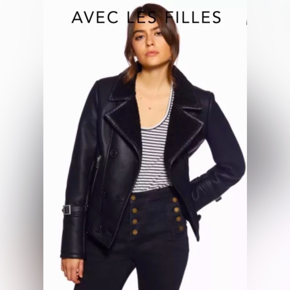 Avec les Filles Anthropologie NEW Black Faux Leather/Shearling Jacket